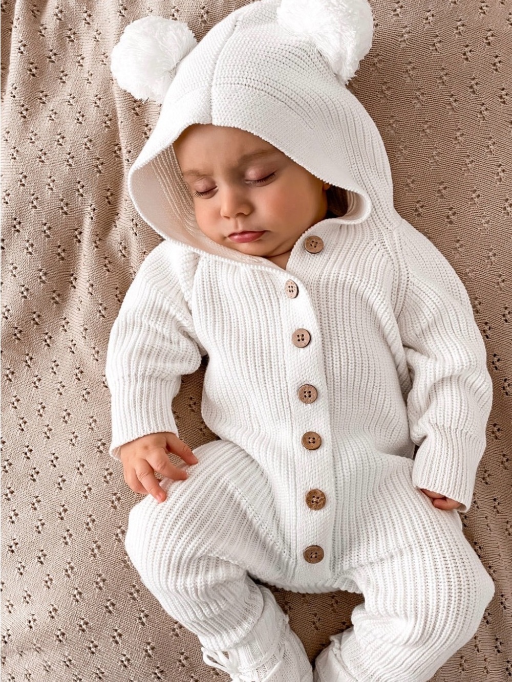 Cozy Cream Knit Hooded One-Piece with Pom Pom Hood